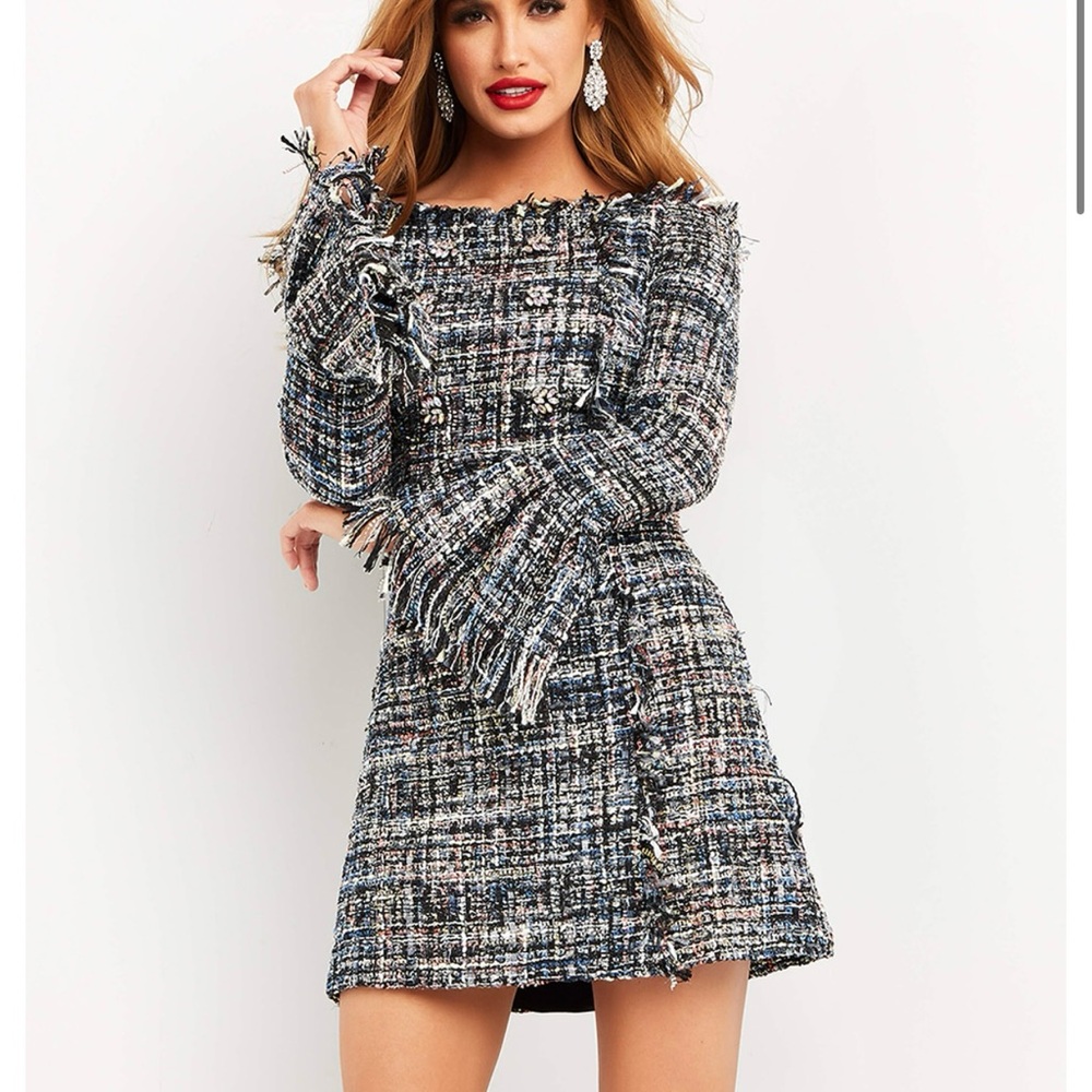 Jovani black multi color tweed dress size 4 never worn new with tags